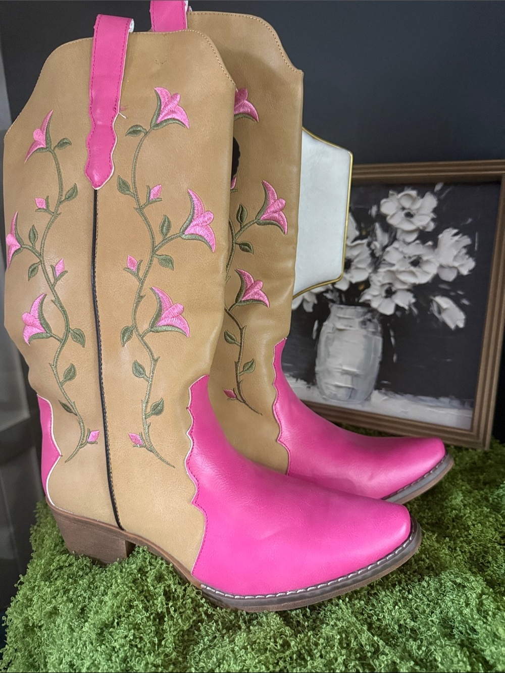Stylish Pink & Tan Floral Western Boots - Women